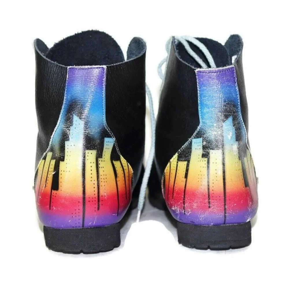 Vintage Ankle Boots Airbrushed City Skyline Painted Booties Black Leather - Picture 7 of 10